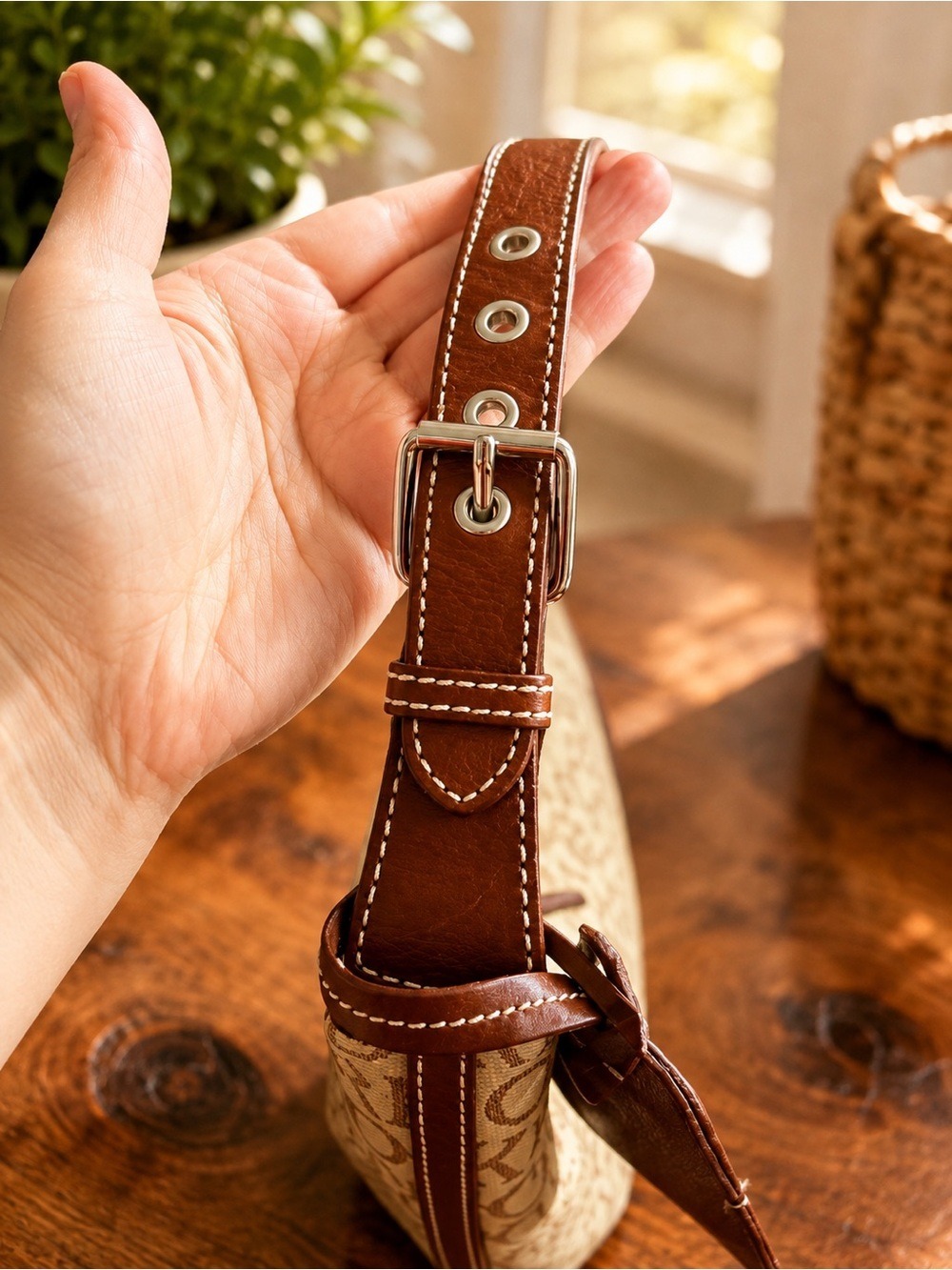 Dooney & Bourke Beige Signature Logo Mini Hobo Bag Brown Leather Trim • Like New - Picture 7 of 13